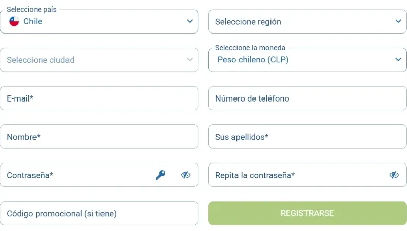 Formulario de registro del casino con país Chile y moneda CLP